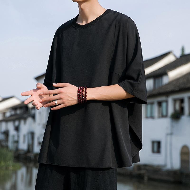 Tシャツ メンズ 新チャイナ風 接触冷感 半袖 ゆったり 無地 クルーネック サイドスリット 個性的 デザイン モード系 ダーク ヘビーウェイト 夏服 カジュアル トップス ブラック