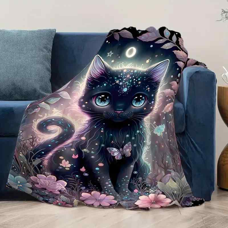 ブランケット かわいい 黒猫 キャラクター フランネル毛布 フリース ひざ掛け ソファカバー 家庭用 オフィス用 昼寝用 柔らか あったか ポリエステル素材 秋冬