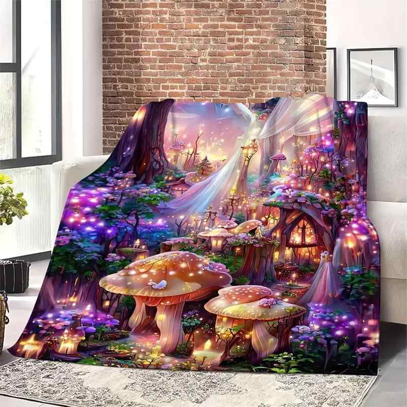 毛布 ブランケット きのこ城 森林夜景 デジタルプリント 高画質 冷房対策 ソファ ベッド インテリア 軽量 おしゃれ オールシーズン ポリエステル 欧米風 寝具