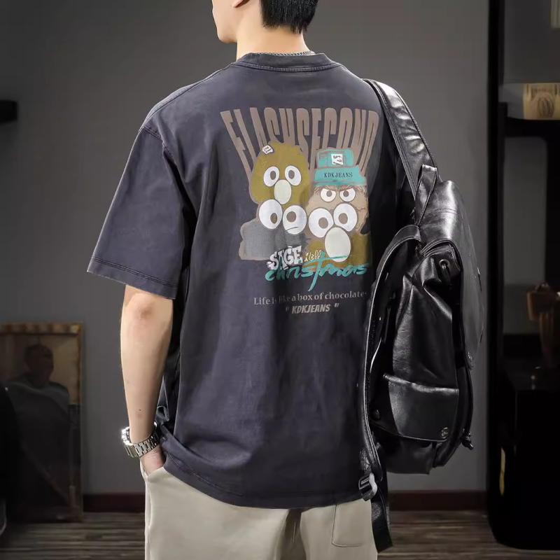 Tシャツ メンズ 夏 ヘビーウェイト 300g レトロ クルーネック 半袖 ゆったりビッグシルエット カートゥーンプリント コットン カジュアル 吸湿速乾 ブラック グレー
