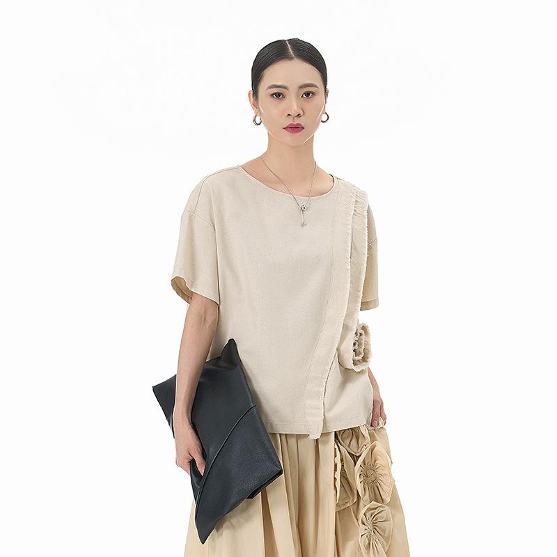 トップス レディース 韓国風 切り替え フラワーデザイン 半袖 Tシャツ ゆったり ルーズ クルーネック 綿麻素材 着痩せ 普段使い 夏