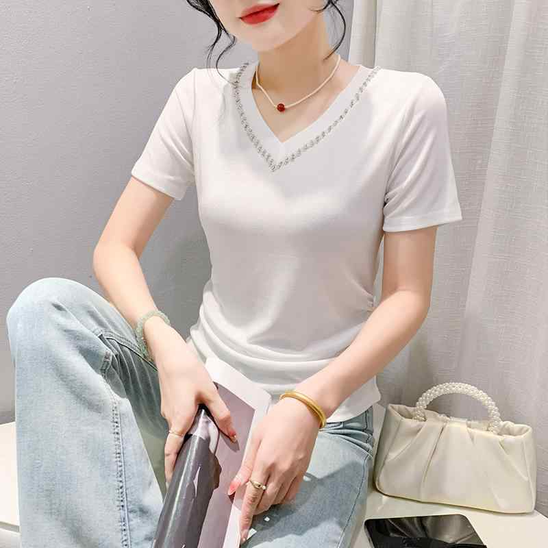 Tシャツ レディース Vネック 半袖 メッシュ ビーズ装飾 シアー素材 インナー トップス 切り替え スリムフィット 細見え きれいめ 上品 ストレッチ 春夏 カットソー