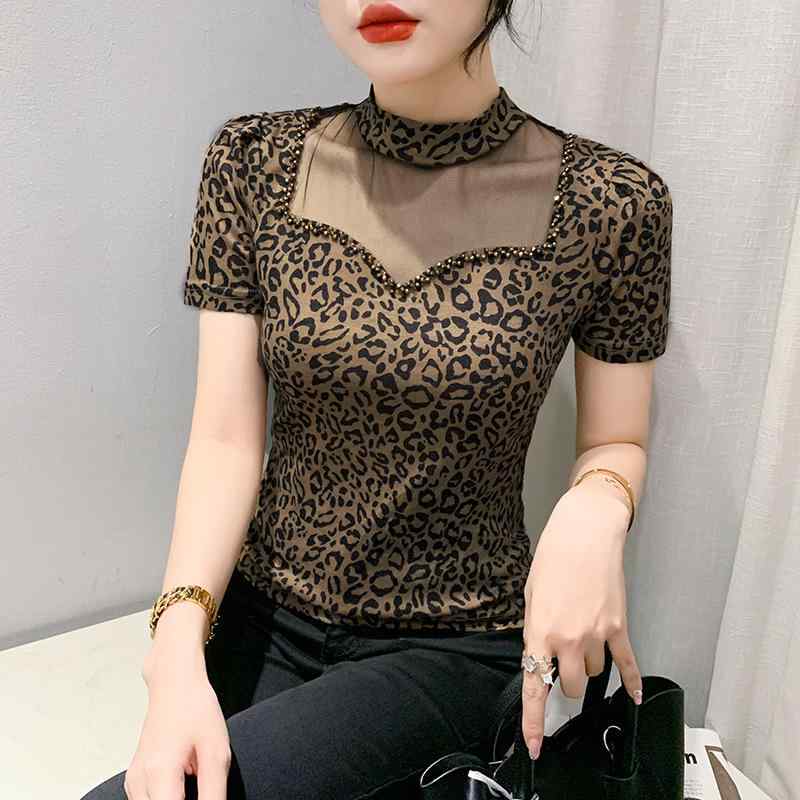 Tシャツ レディース 春夏 メッシュ切り替え ファッション スリム 着痩せ 手作業ビーズ装飾 着回し 半袖 丸首 ポリエステル ヒョウ柄 通勤 オフィス エレガント きれいめ