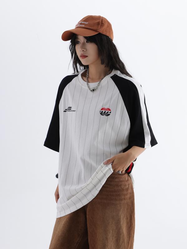 Tシャツ メンズ ストリートファッション アメリカン 個性的 ゆったり ビッグシルエット ドロップショルダー ストライプ コットン 厚手 通気性 吸湿速乾 クルーネック 半袖 春夏 ホワイト ブラック 日常使い 普段着