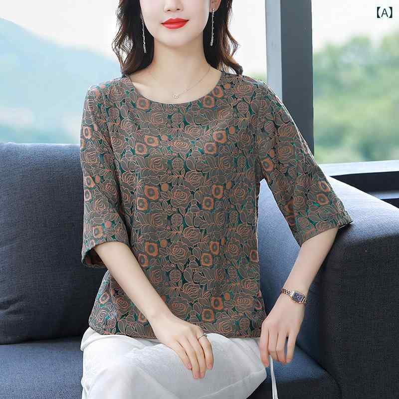 Tシャツ レディース ミセス ママ 春夏 ゆったり ルーズフィット シルク調 トップス おしゃれ エレガント 上品 花柄 半袖 ラウンドネック 普段使い 通勤 オフィス