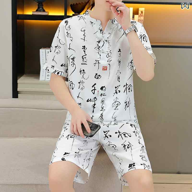 Tシャツ メンズ 男性用 若者 半袖 Vネック チャイナ風 トップス トレンド カジュアル 普段使い ナイロン 混紡 春秋