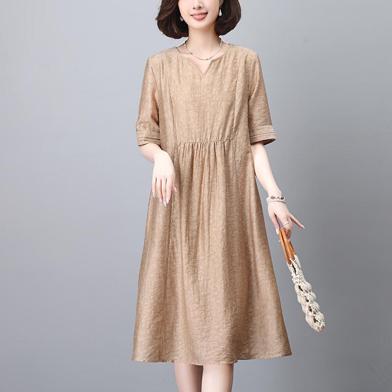 ワンピース レディース 女性用 春夏 テンセル リヨセル 薄手 ゆったり リラックス 体型カバー 着痩せ効果 Vネック 5分袖 Aライン ミモレ丈 無地 大きいサイズ ママ ミセス 大人女性 きれいめカジュアル 普段使い