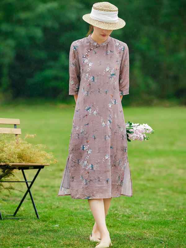 ワンピース レディース 春夏 高級感 レトロ ヴィンテージ風 小花柄プリント 改良チャイナドレス ロング丈 サイドスリット スタンドカラー 五分袖 ポケット付き ダスティピンク ラミー麻