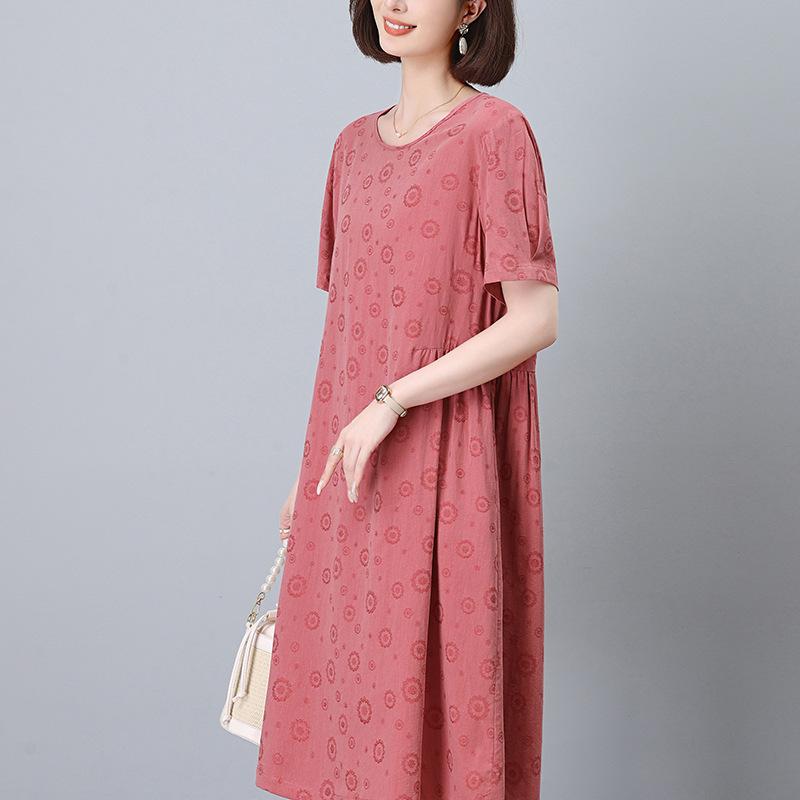ワンピース ミセス 女性用 ママ 夏 綿 コットン ゆったり リラックスフィット 体型カバー お腹カバー 着痩せ 細見え Aライン ミディ丈 半袖 クルーネック プルオーバー 無地 おしゃれ 上品 エレガント 普段使い お出かけ カジュアル