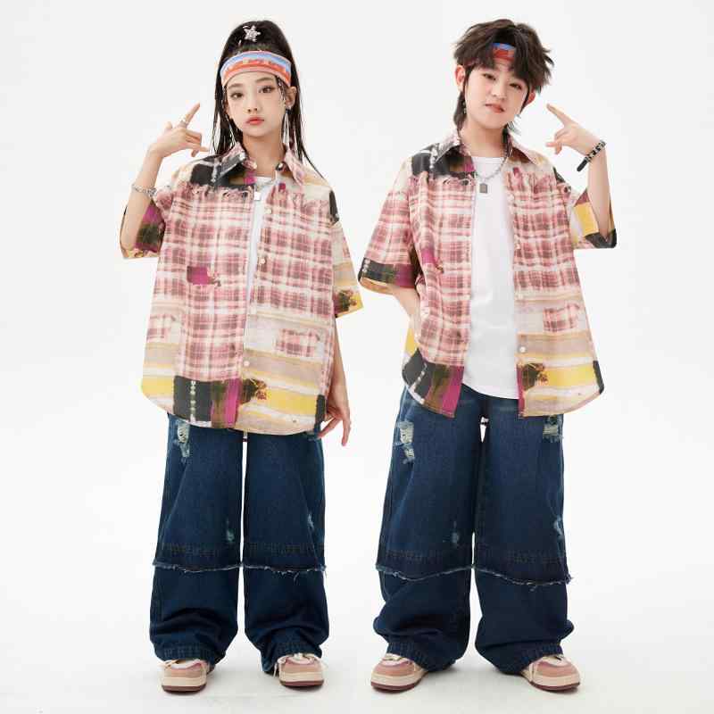 シャツ 男の子 キッズ ヒップホップ ダンス衣装 ストリートファッション 赤 レッド チェック柄 コットン トップス 子供服 発表会 ステージ衣装 カジュアル 中大童