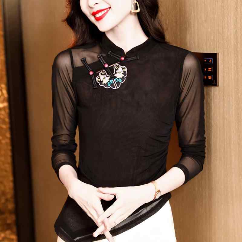 Tシャツ レディース レトロ チャイナ風 スリムフィット メッシュ シースルー 長袖 トップス カットソー 刺・墸 スタンドカラー エレガント 上品 通勤 オフィス カジュアル 伸縮性 秋冬