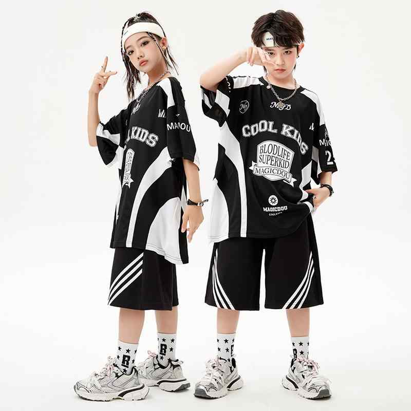 キッズ 男の子 女の子 ストリートダンス ヒップホップ ジャズダンス 衣装 発表会 ステージ ファッションショー ランウェイ 綿 半袖 ショートパンツ 切り替え バイカラー モノトーン トレンド レッスン着 イベント