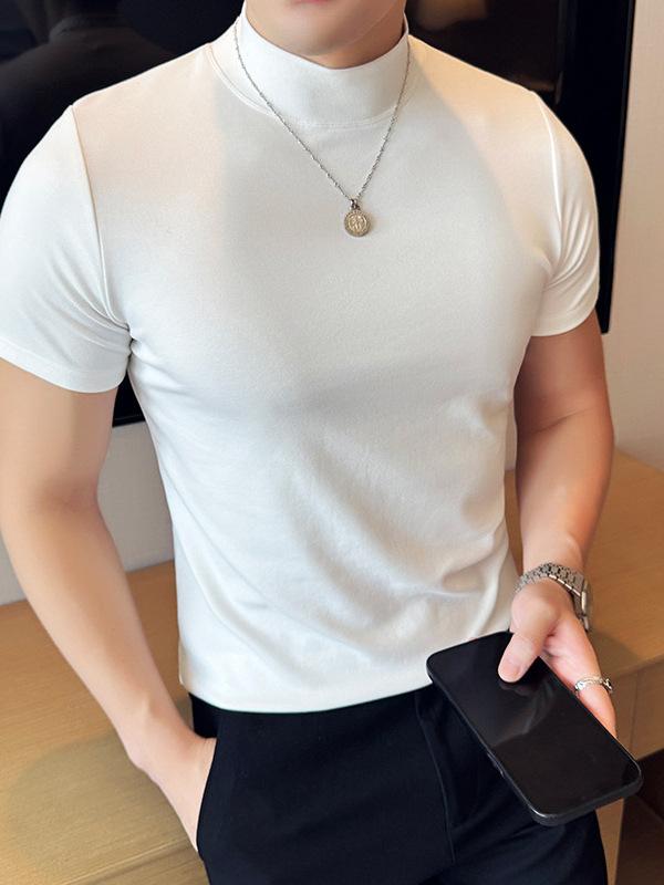 Tシャツ メンズ 春秋 男性用 高級感 ハイネック ストレッチ 伸縮性 半袖 スリムフィット コットン 綿混 大人カジュアル 普段使い イージーケア トップス 4,514円