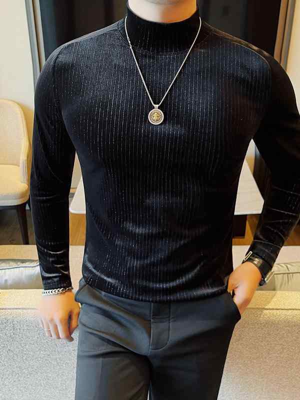 Tシャツ メンズ 秋冬 コーデュロイ ポリエステル ハイネック 長袖 スリム インナー トップス カットソー ストレッチ 伸縮性 ストライプ 普段使い カジュアル レイヤード グレー ブラック ブラウン