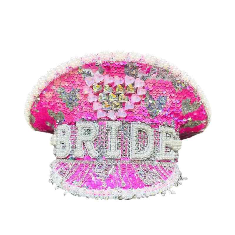 帽子 男女兼用 欧米風 ファッション おしゃれ トレンド ピンク BRIDE ラインストーン スパンコール マリンキャップ ポリエステル 普段使い お出かけ パーティー イベント 結婚式 ワイドつば フラットトップ キラキラ カジュアル
