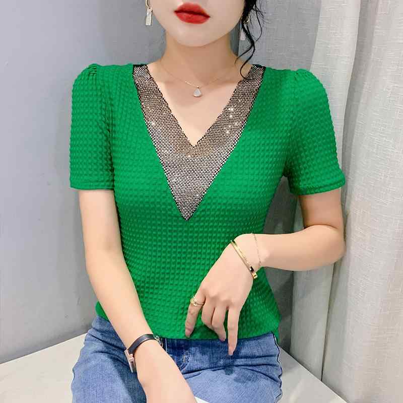 Tシャツ レディース 春夏 欧風 ファッション 上品 エレガント 通勤 Vネック 半袖 スリム ミドル丈 プルオーバー 切り替え ホットフィックス ラインストーン ポリエステル混 カットソー トップス