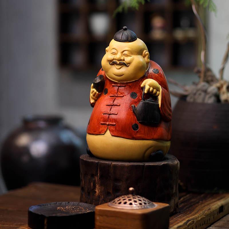 置物 中国風 地主像 財神様 福の神 樹脂製 木目調 彫像 ハンドメイド リビング 卓上 飾り棚 ディスプレイ インテリア 開運 招福 縁起物 オブジェ