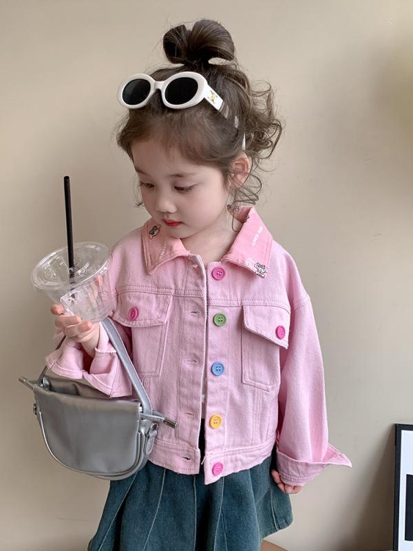デニムジャケット 女の子 キッズ Gジャン 韓国風 かわいい カラフルボタン 長袖 襟付き ショート丈 綿 コットン ソフトタッチ 春 カジュアル アウター