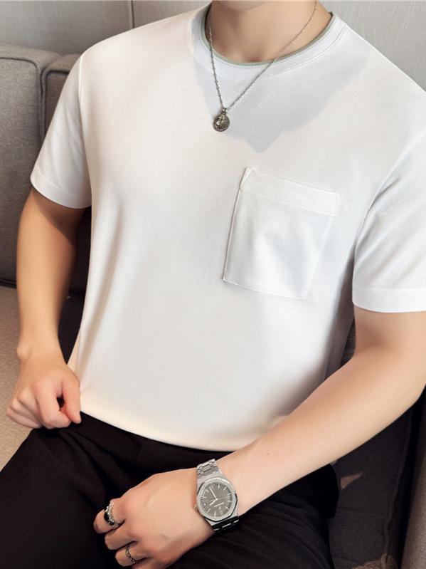 Tシャツ メンズ 男性用 半袖 ショートスリーブ 丸首 クルーネック スリムフィット タイト 韓国風 綿混 コットンブレンド 通気性 春夏 デイリーユース 普段使い