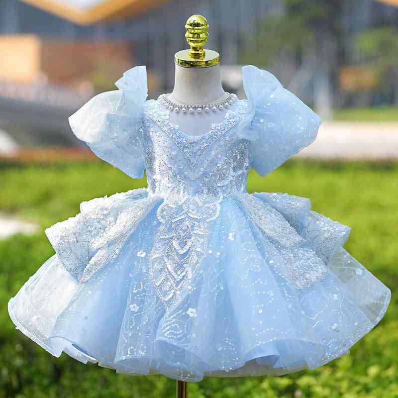 キッズドレス 女の子 ブルー 長袖 春夏 かわいい レース リボン チュール ギャザー 上品 ユニーク プリンセスライン ピアノ発表会 演奏会 司会 ステージ衣装 パーティー 宴会