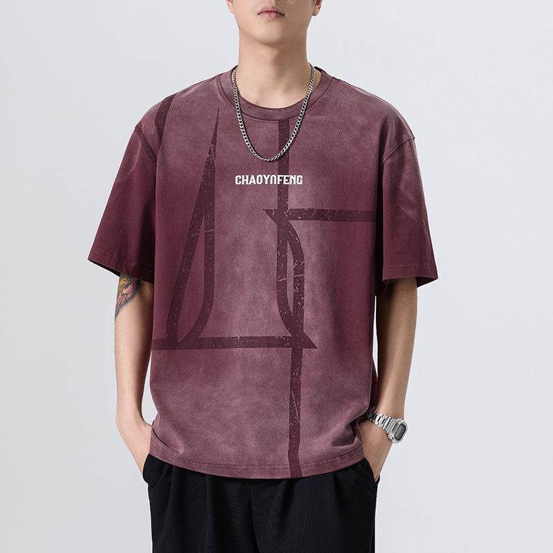 Tシャツ メンズ ウォッシュ加工 ユーズド加工 レトロ アメカジ グラデーション ロゴプリント ドロップショルダー 吸湿速乾 綿 ゆったり オーバーサイズ クルーネック カジュアル 普段使い 夏