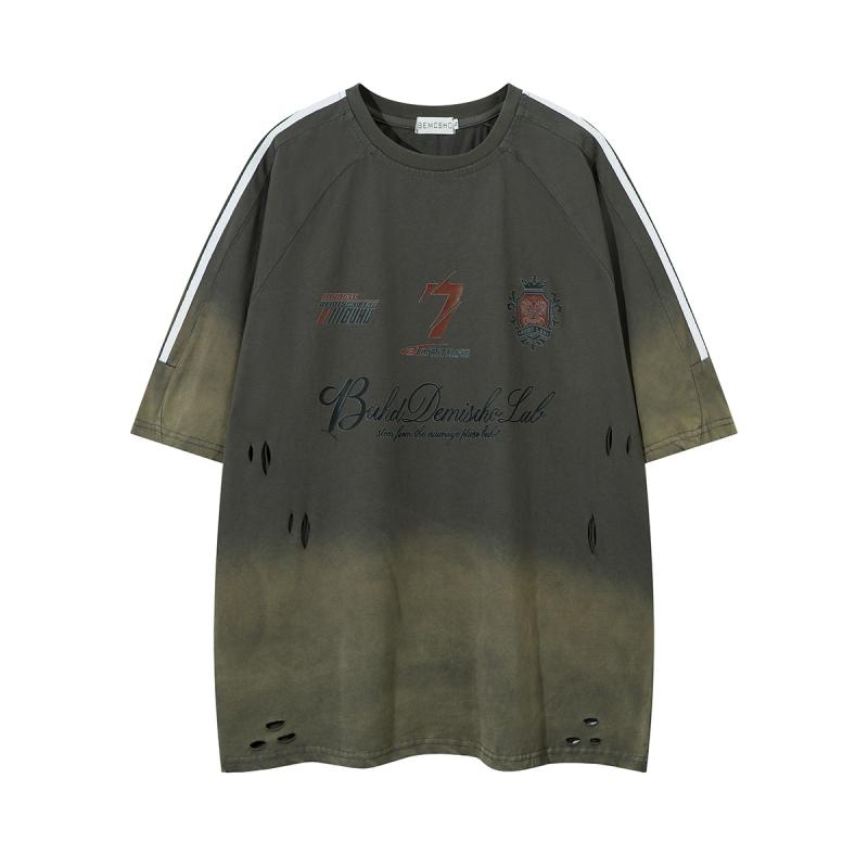 Tシャツ メンズ 半袖 ドロップショルダー クルーネック グラデーション ウォッシュ ダメージ加工 アメカジ レトロ オーバーサイズ コットン 通気性 吸湿速乾 春夏 普段使い