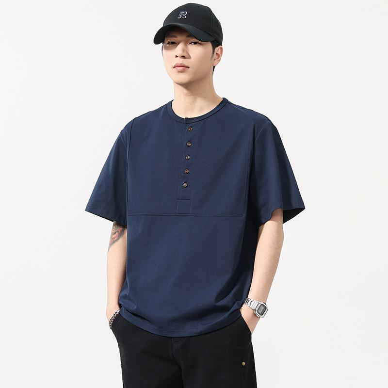 Tシャツ メンズ 男性 春夏 接触冷感 抗菌 吸湿速乾 綿ポリ混紡 ヘンリーネック 切り替え 半袖 トップス ゆったり ビッグシルエット アメリカンカジュアル レトロ ヴィンテージ 普段使い カジュアル