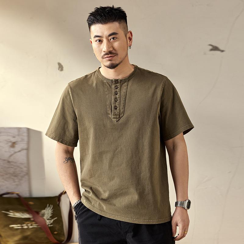 Tシャツ メンズ 男性用 ヘンリーネック 半袖 ヘビーウェイト 厚手 綿 コットン オーバーサイズ ビッグシルエット 大きいサイズ ゆったり 吸湿速乾 アメリカンカジュアル 春夏