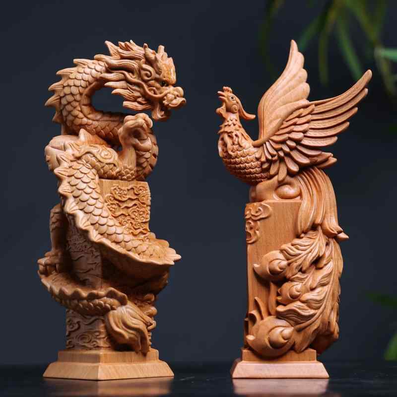 置物 ブナ材 精巧彫刻 龍鳳 吉祥文様 龍 鳳凰 縁起物 新中国風 リビング インテリア飾り 酒棚 テレビボード 開業祝い 新築祝い ギフト