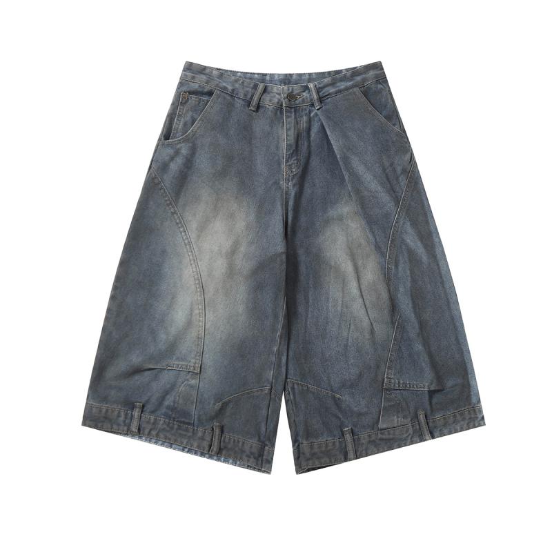 デニムパンツ メンズ 男性用 アメリカンストリート カジュアル ルーズフィット ワイドシルエット ウォッシュ加工 ユーズド加工 ミッドウエスト ストレート ハーフパンツ 五分丈 コットン ブルー 普段使い