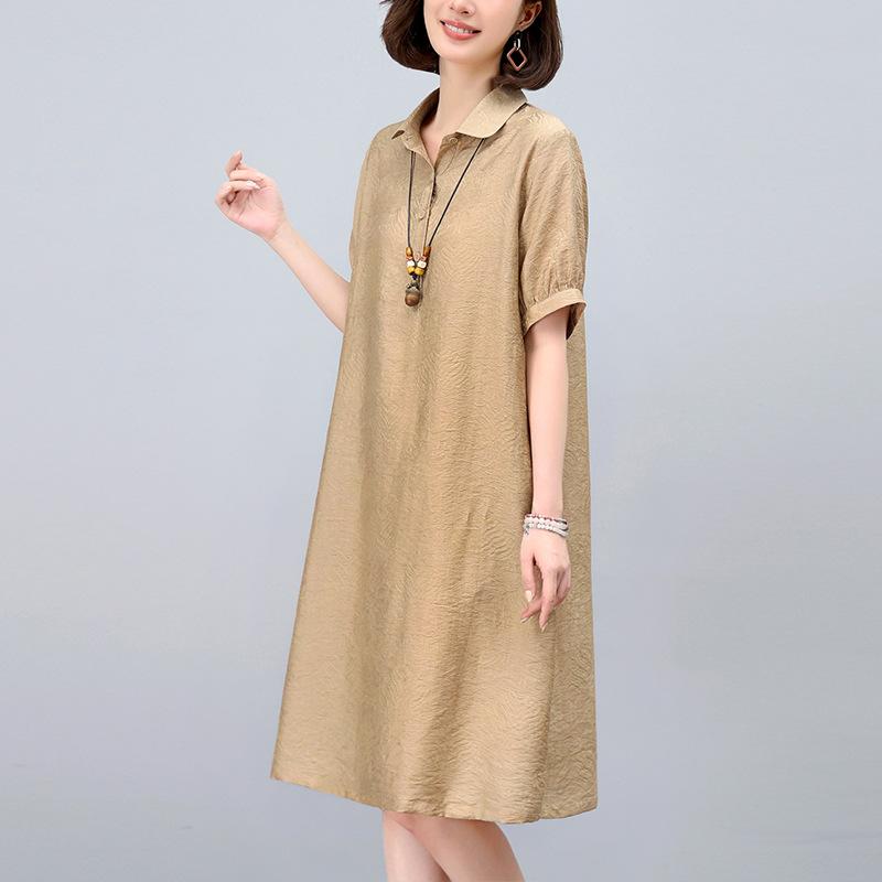 シャツワンピース レディース ミセス 春夏 ゆったり 体型カバー 大きいサイズ Vネック Aライン 半袖 ミモレ丈 ポケット付き 無地 再生繊維 カジュアル 普段使い アプリコット ネイビー