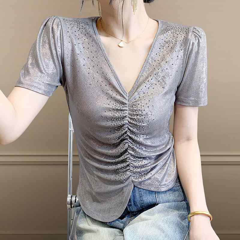 Tシャツ レディース トップス Vネック 半袖 接触冷感 ラインストーン スリムフィット 無地 インナー ポリエステル素材 きれいめ カジュアル 通勤 オフィス 春夏 ブラック グレー