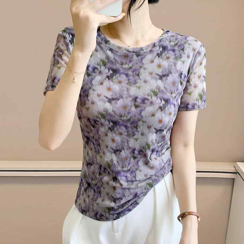 Tシャツ レディース 春夏 半袖 ラウンドネック メッシュ 花柄プリント スリムフィット 細見え 伸縮性 おしゃれ 上品 大人カジュアル 通勤