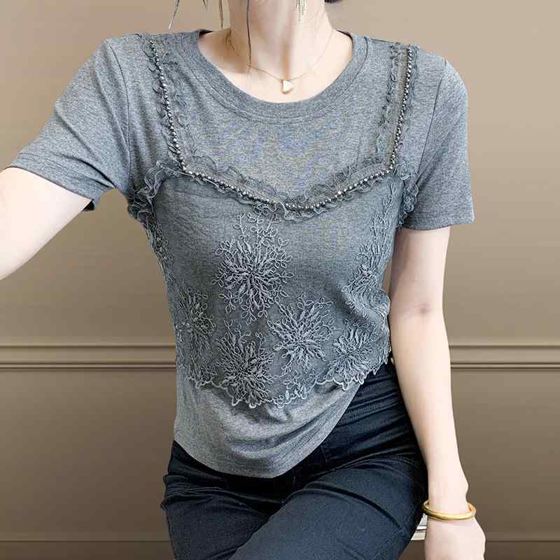 Tシャツ レディース フェイクレイヤード レース ビーズ 半袖 デザイン性 体型カバー 若見え エレガント 上品 高見え ラウンドネック ポリエステル 春夏 トップス