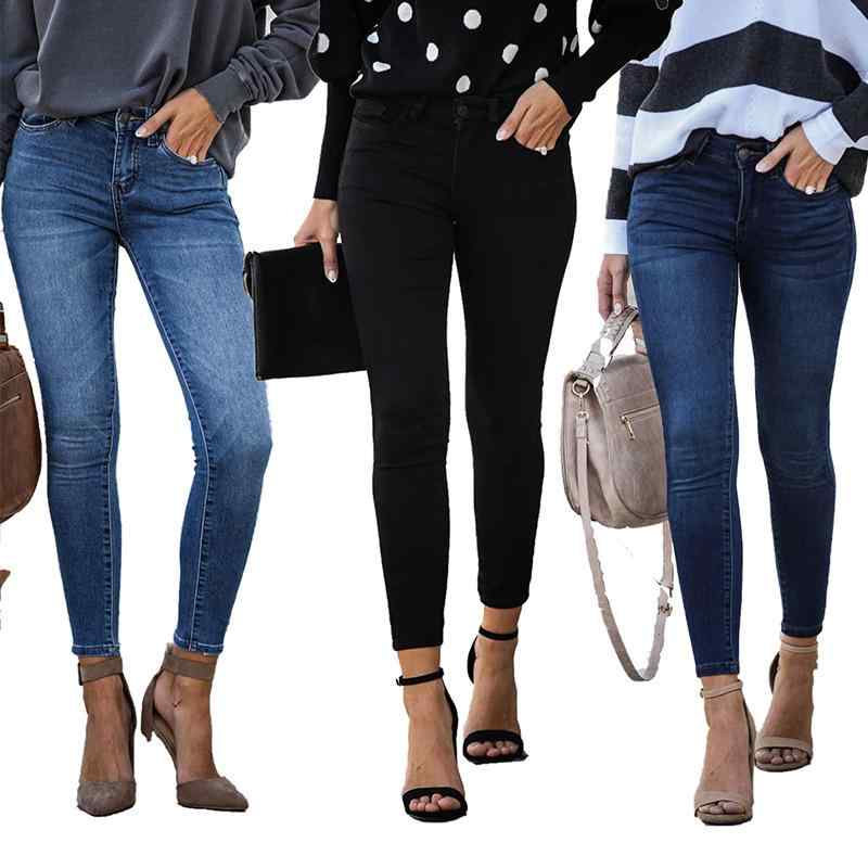 デニムパンツ レディース 秋冬 スキニー 9分丈 アンクル丈 ミドルウエスト ストレッチ 伸縮性 ウォッシュ加工 ジーンズ きれいめ 通勤 オフィス カジュアル 快適 綿 スパンデックス ブラック ライトブルー 欧米風