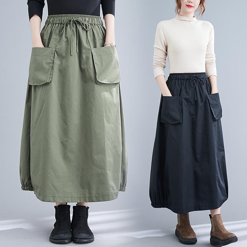 スカート レディース カジュアル ハイウエスト レトロ クラシック 大きいサイズ 体型カバー ミディ丈 ストレート 無地 伸縮性 春夏 ポリエステル レーヨン ブラック カーキ