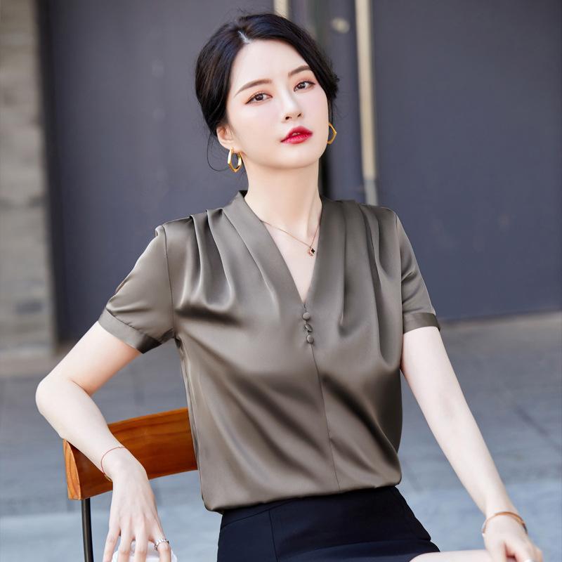 シャツ レディース 女性用 シフォン 半袖 Vネック 薄手 通勤 ビジネス オフィス フォーマル 事務服 上品 エレガント スリム フィット ポリエステル スパンデックス混 ストレッチ 無地 春夏