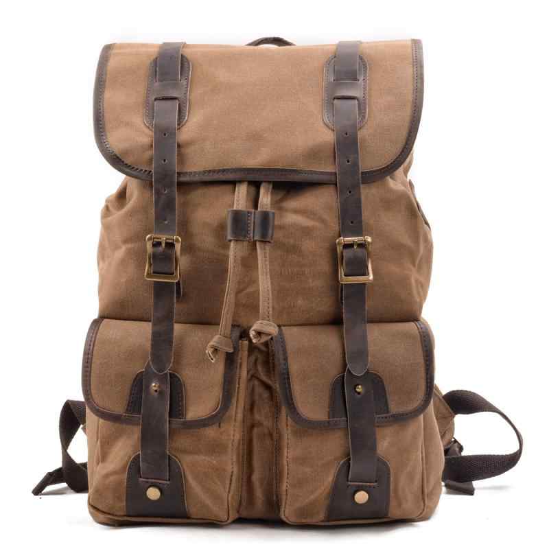 リュックサック メンズ 大容量 旅行 登山 キャンプ アウトドア 帆布 キャンバス 切り替え 牛革 クレイジーホースレザー 防水 通気性 耐久性 負荷軽減