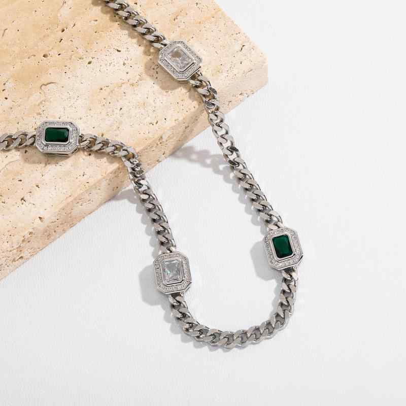 アクセサリー ユニセックス ステンレス製 電気メッキ加工 キューバンチェーン ネックレス ブレスレット 欧米風 ヒップホップ シンプル ストーン装飾 ゴールド シルバー