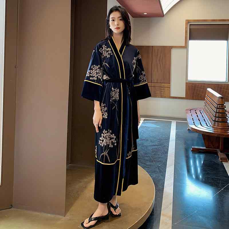 化粧着 レディース 天鵝絨 紐付き 前食い違い ナイト爵化粧着 バスローブ お部屋お召しもの お部屋着 御芽出度 長袖 秋冬 保温 好いたらしい 伸縮性 御前上等感