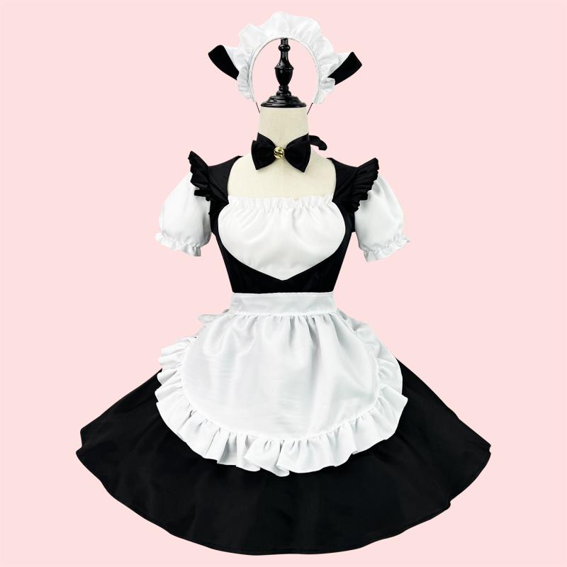 コスプレ レディース ロリータ メイド服 黒猫 猫耳 鈴付き かわいい アニメ 衣装 ハロウィン イベント パーティー 仮装 ポリエステル ブラック ピンク 多サイズ展開 コスチューム