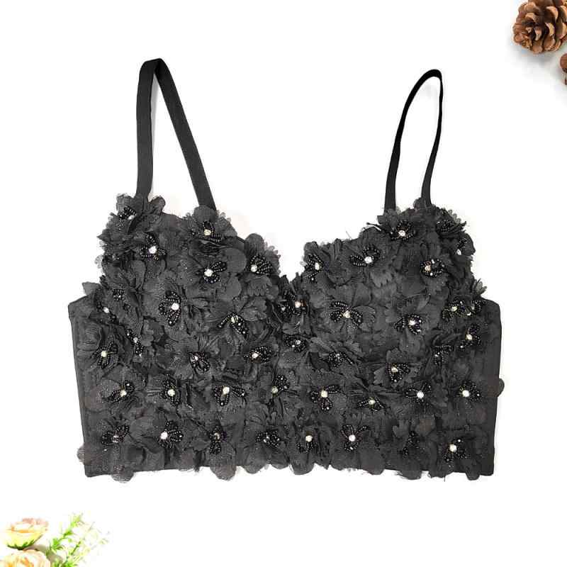 ブラトップ レディース 女性用 立体花 パールビーズ キャミソール カップ付きインナー エレガント 上品 ショート丈 取り外し可能 ストラップ ベアトップ セクシー 背中開き ポリエステル ポリウレタン ブラック ホワイト 普段使い デート リゾート ナ