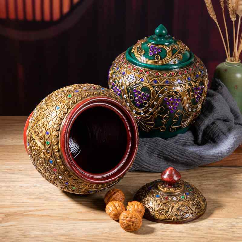 収納ポット 東南アジアン タイ 木製 無垢材 琉璃瓶 リビング 卓上 小物入れ 置物 オブジェ エキゾチック インテリア雑貨 赤色 緑色