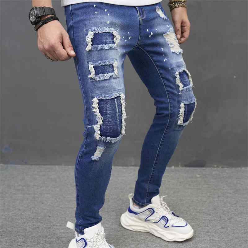 デニムパンツ 男性用 韓国ファッション ハイストリート ウォッシュ加工 ダメージ加工 ヒゲ加工 薄手 ストレート コットン カジュアル 夏
