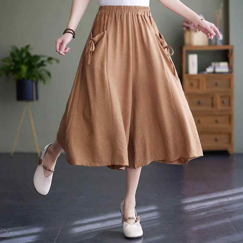 スカートパンツ レディース 夏 大きいサイズ 綿麻 ポリエステル ゆったり リラックス 細見え 無地 フレア Aライン ワイド ハイウエスト 7分丈 クロップド カジュアル 普段使い ストレッチ