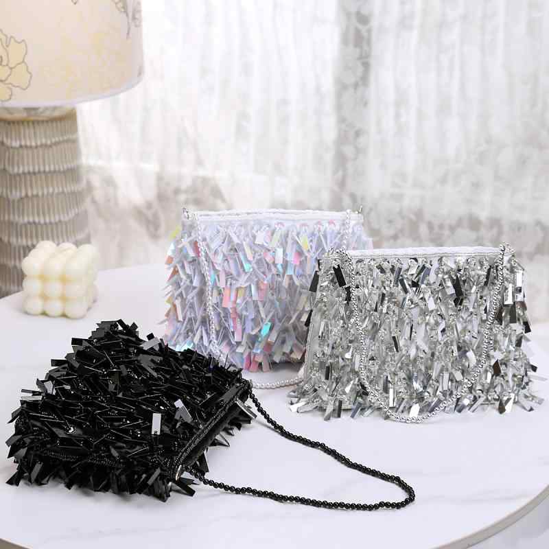 バッグ レディース シルバー ハンドメイド スパンコール イブニングバッグ パーティー クラッチ ハンドバッグ 韓国ファッション カジュアル フォーマル スクエア型 PVC素材 内ポケット付き