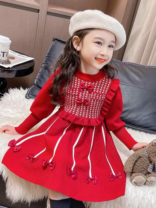 ワンピース 女の子 ベビー キッズ 子供服 幼児服 秋冬 ニット セーター プリンセスライン 長袖 アクリル素材 柔らか 肌触り 無地 ピンク レッド ブルー パープル カジュアル お出かけ ドレス