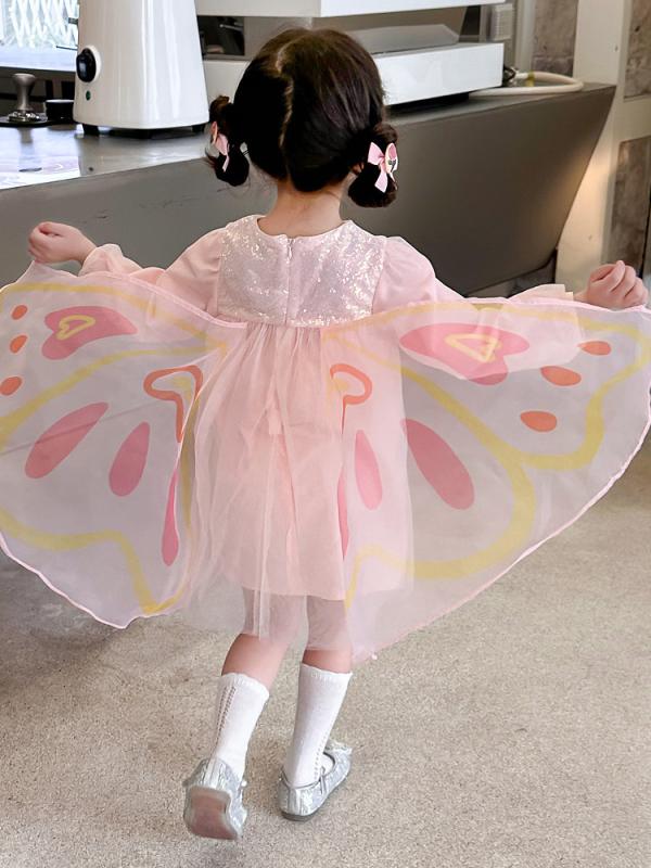ワンピース 女の子 子供 キッズ 蝶々 羽根 プリンセス チュールドレス おしゃれ かわいい ピンク ふんわり Aライン ロング丈 長袖 春 秋 お出かけ 発表会
