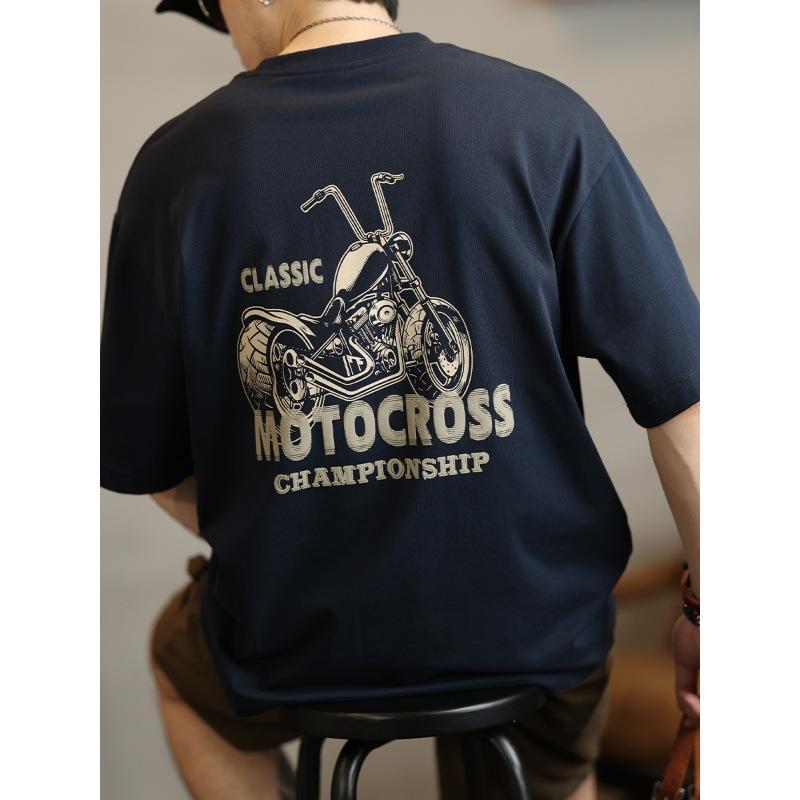 Tシャツ メンズ 男性用 アメリカン カジュアル ルーズフィット ビッグシルエット ゆったり ヘビーウェイト 厚手 半袖 クルーネック 丸首 バイカー レタープリント コットン 綿 コーマ綿 春夏 スポーツ アウトドア 普段使い 抗菌