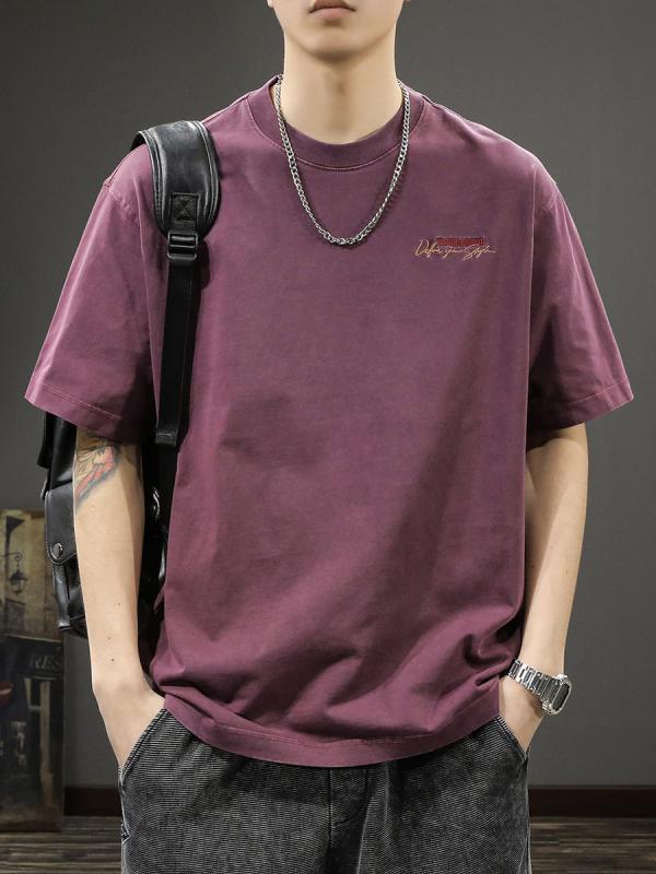 Tシャツ メンズ 春夏 ヘビーウェイト 厚手 スノーウォッシュ加工 レトロ ロゴ刺繍 クルーネック ドロップショルダー ビッグシルエット カジュアル ストリート 普段使い コーマ綿 抗菌 トップス